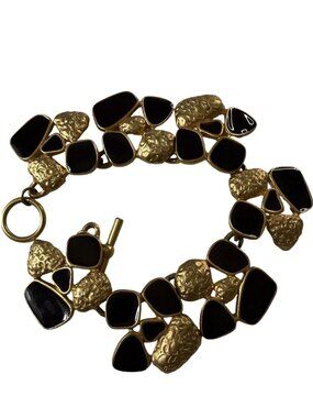 Vintage Gold Tone Black Enamel Geometric Link Bracelet Statement Artsy Y2K Retro